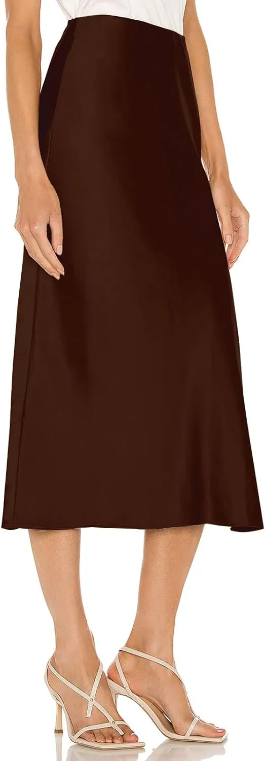 Womens Satin Silk High Waist Slit Midi Skirt Elastic Waistband Midi Skirts for Women