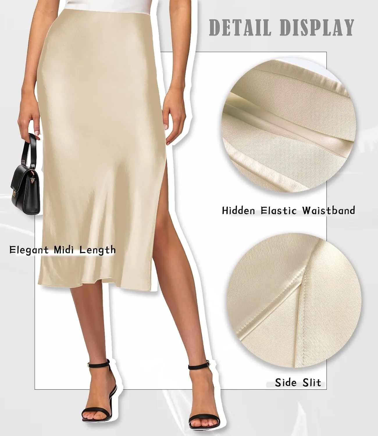 Womens Satin Silk High Waist Slit Midi Skirt Elastic Waistband Midi Skirts for Women