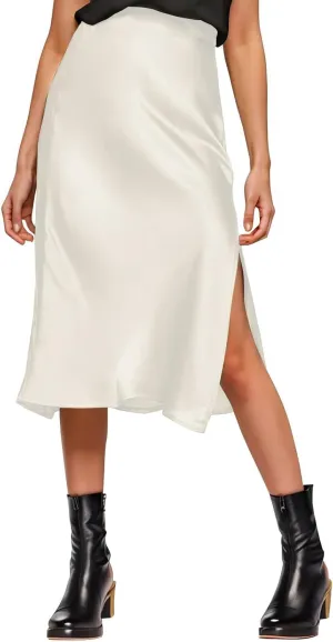Womens Satin Silk High Waist Slit Midi Skirt Elastic Waistband Midi Skirts for Women