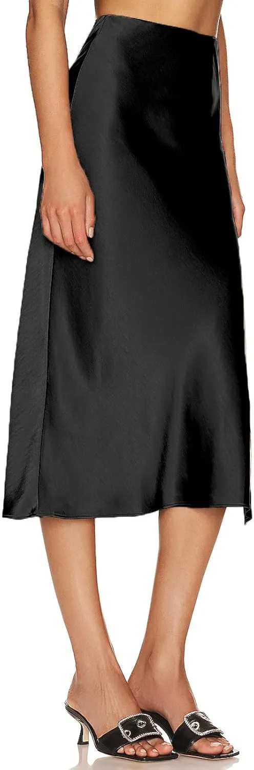 Womens Satin Silk High Waist Slit Midi Skirt Elastic Waistband Midi Skirts for Women