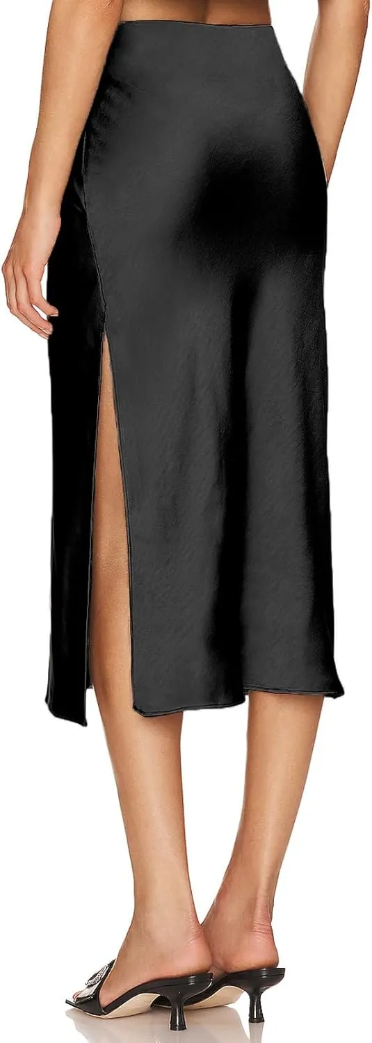 Womens Satin Silk High Waist Slit Midi Skirt Elastic Waistband Midi Skirts for Women