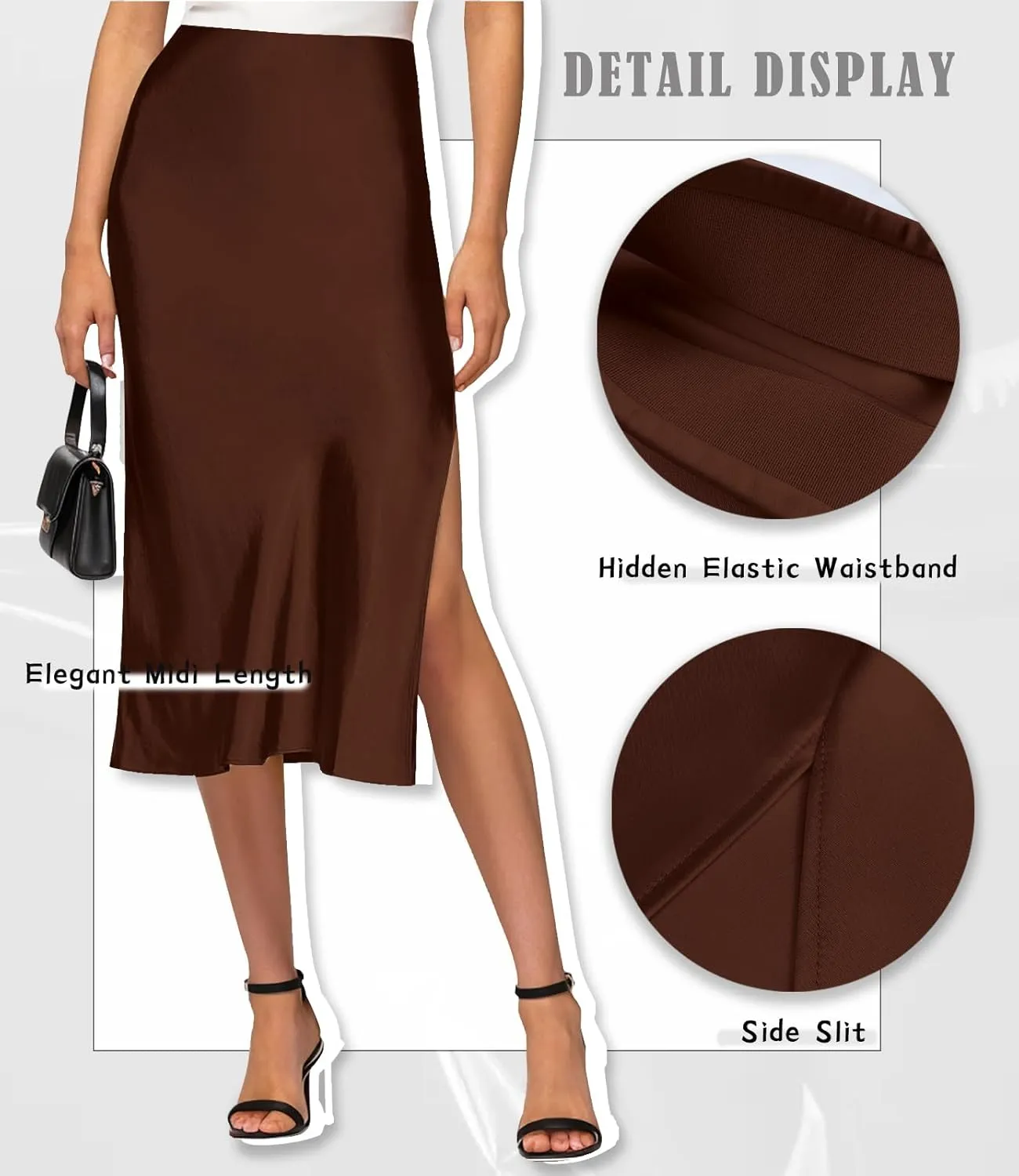 Womens Satin Silk High Waist Slit Midi Skirt Elastic Waistband Midi Skirts for Women