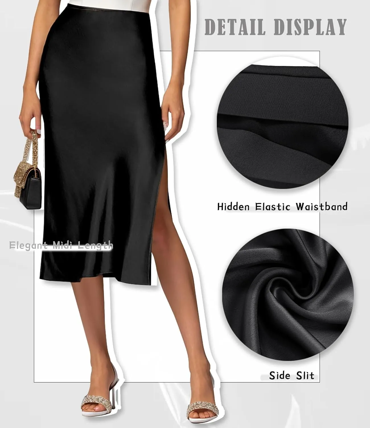 Womens Satin Silk High Waist Slit Midi Skirt Elastic Waistband Midi Skirts for Women