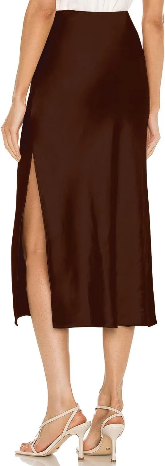 Womens Satin Silk High Waist Slit Midi Skirt Elastic Waistband Midi Skirts for Women