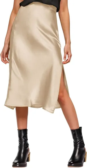 Womens Satin Silk High Waist Slit Midi Skirt Elastic Waistband Midi Skirts for Women