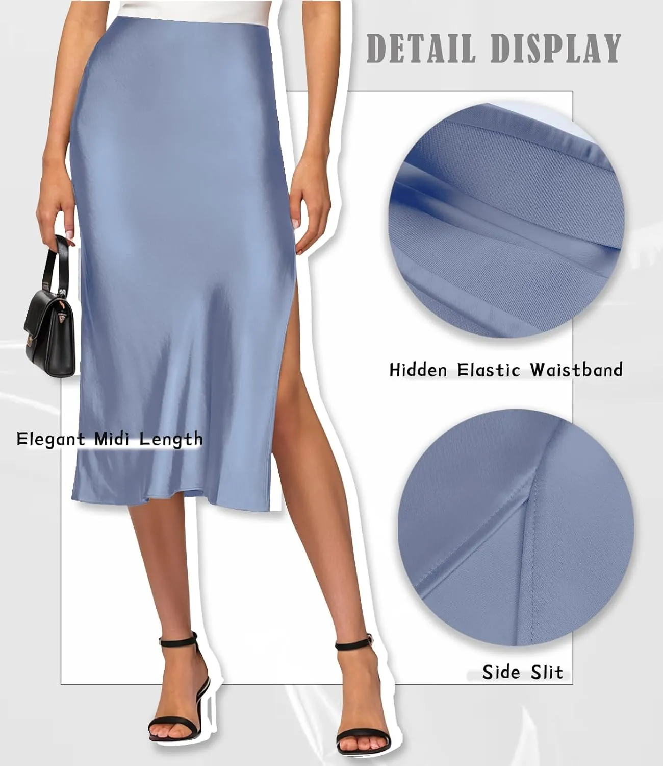 Womens Satin Silk High Waist Slit Midi Skirt Elastic Waistband Midi Skirts for Women