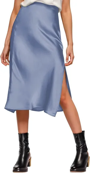 Womens Satin Silk High Waist Slit Midi Skirt Elastic Waistband Midi Skirts for Women