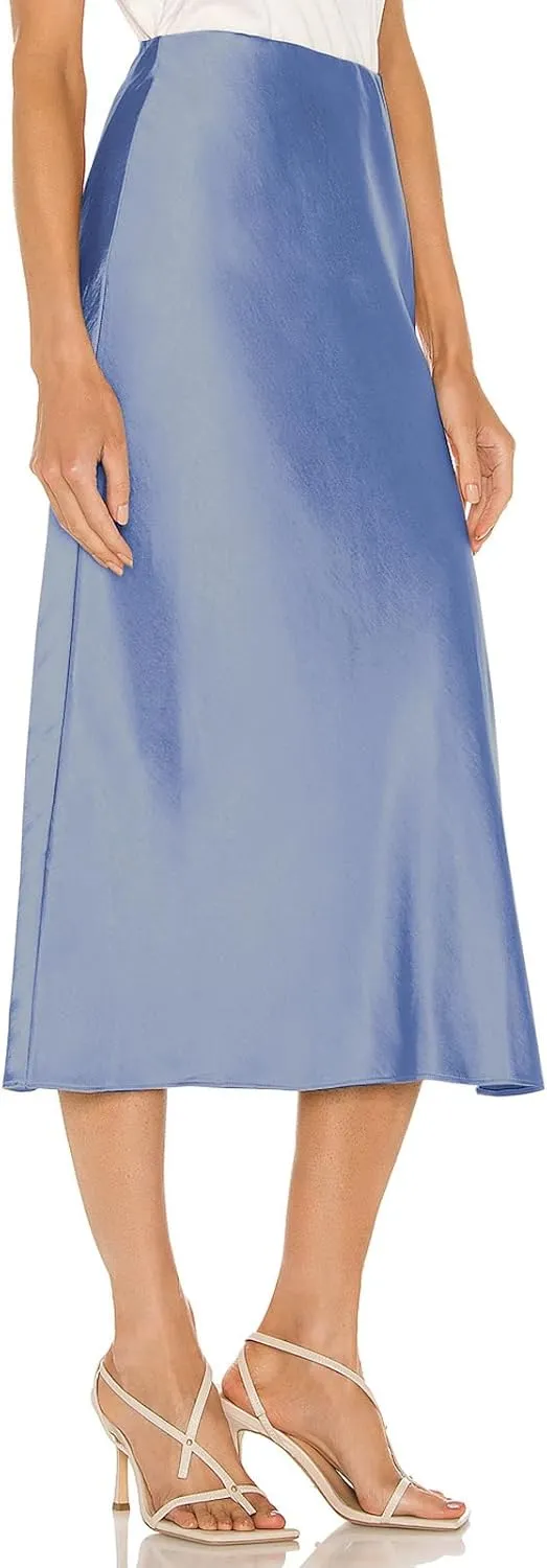 Womens Satin Silk High Waist Slit Midi Skirt Elastic Waistband Midi Skirts for Women