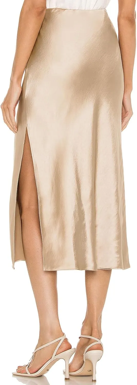 Womens Satin Silk High Waist Slit Midi Skirt Elastic Waistband Midi Skirts for Women
