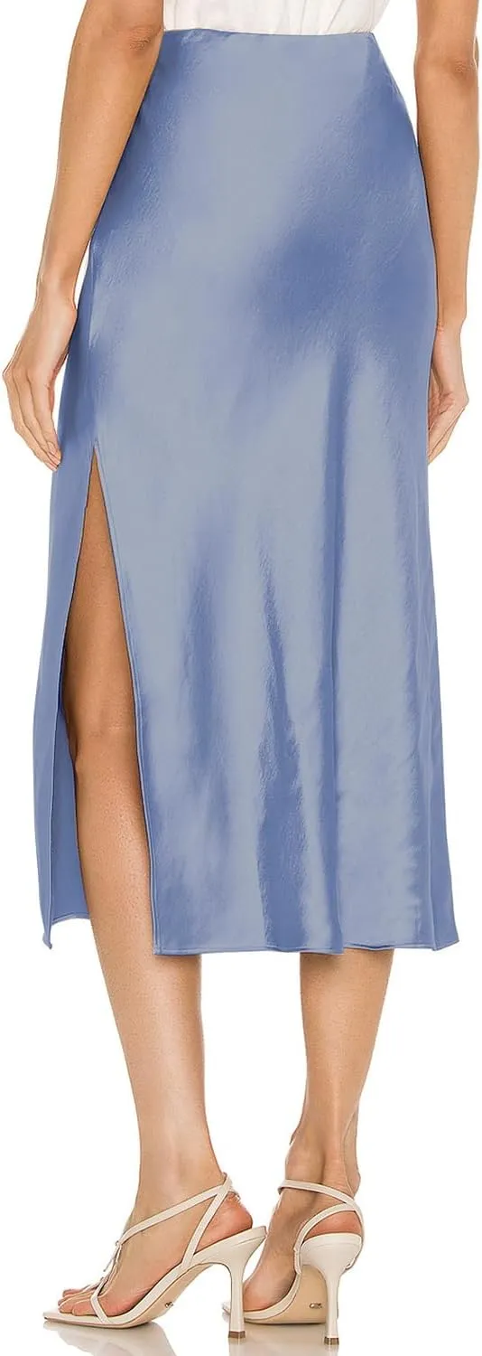 Womens Satin Silk High Waist Slit Midi Skirt Elastic Waistband Midi Skirts for Women