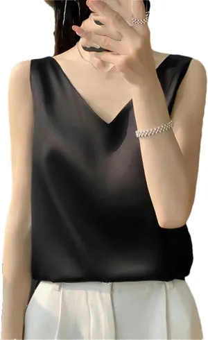 Women's Silk Satin Camisole Tank Top Summer V-Neck Sleeveless Bottom Shirts Crop Vest