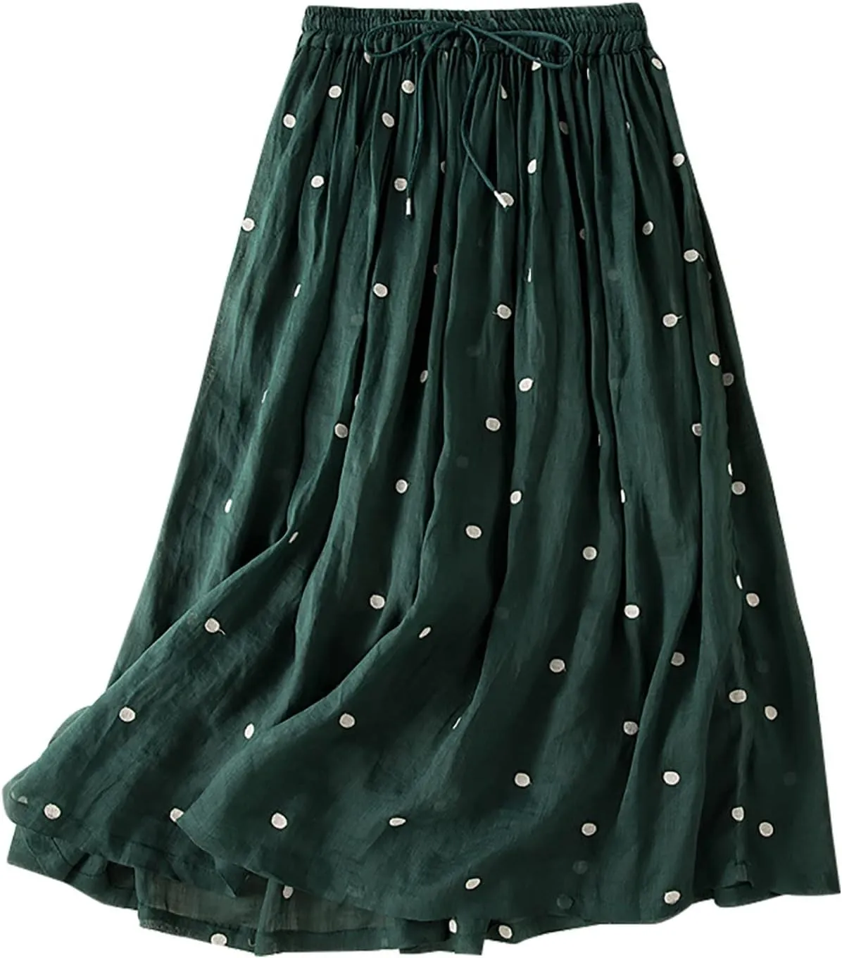 Womens Skirts Midi Length Polka Dot Flowy Long Skirt Belted Elastic Waist Half Skirt Boho Floral Print Swing Skirt