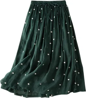 Womens Skirts Midi Length Polka Dot Flowy Long Skirt Belted Elastic Waist Half Skirt Boho Floral Print Swing Skirt