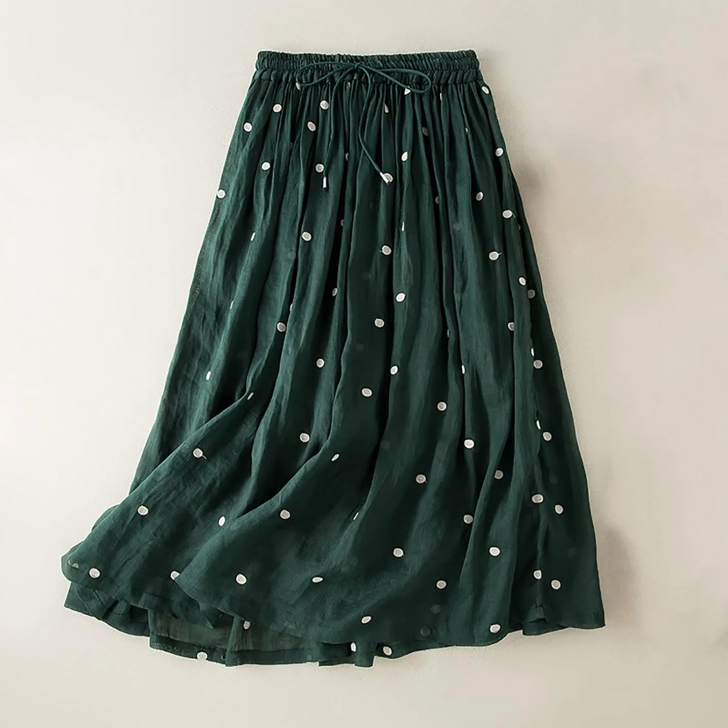 Womens Skirts Midi Length Polka Dot Flowy Long Skirt Belted Elastic Waist Half Skirt Boho Floral Print Swing Skirt