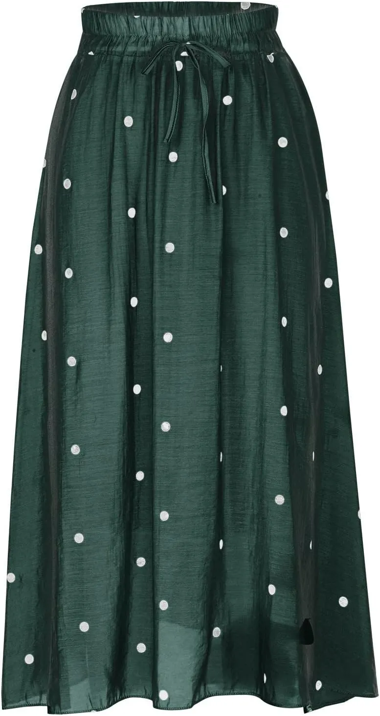 Womens Skirts Midi Length Polka Dot Flowy Long Skirt Belted Elastic Waist Half Skirt Boho Floral Print Swing Skirt