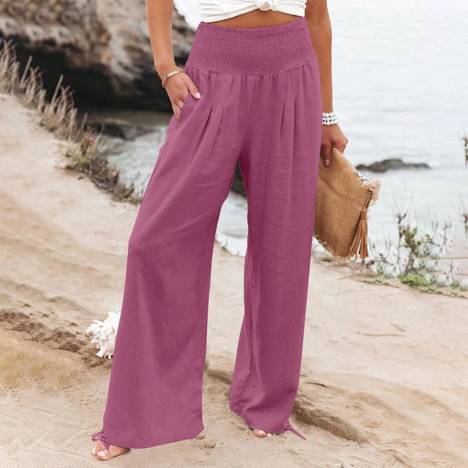 Womens Smocked High Waisted Linen Pants 2025 Casual Loose Wide Leg Palazzo Pants Flowy Beach Trousers with Pockets