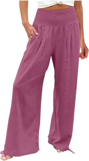 Womens Smocked High Waisted Linen Pants 2025 Casual Loose Wide Leg Palazzo Pants Flowy Beach Trousers with Pockets