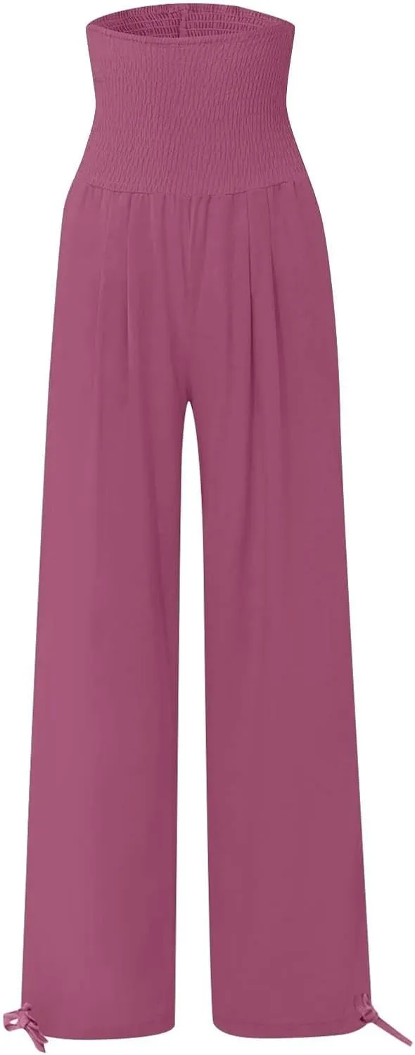 Womens Smocked High Waisted Linen Pants 2025 Casual Loose Wide Leg Palazzo Pants Flowy Beach Trousers with Pockets