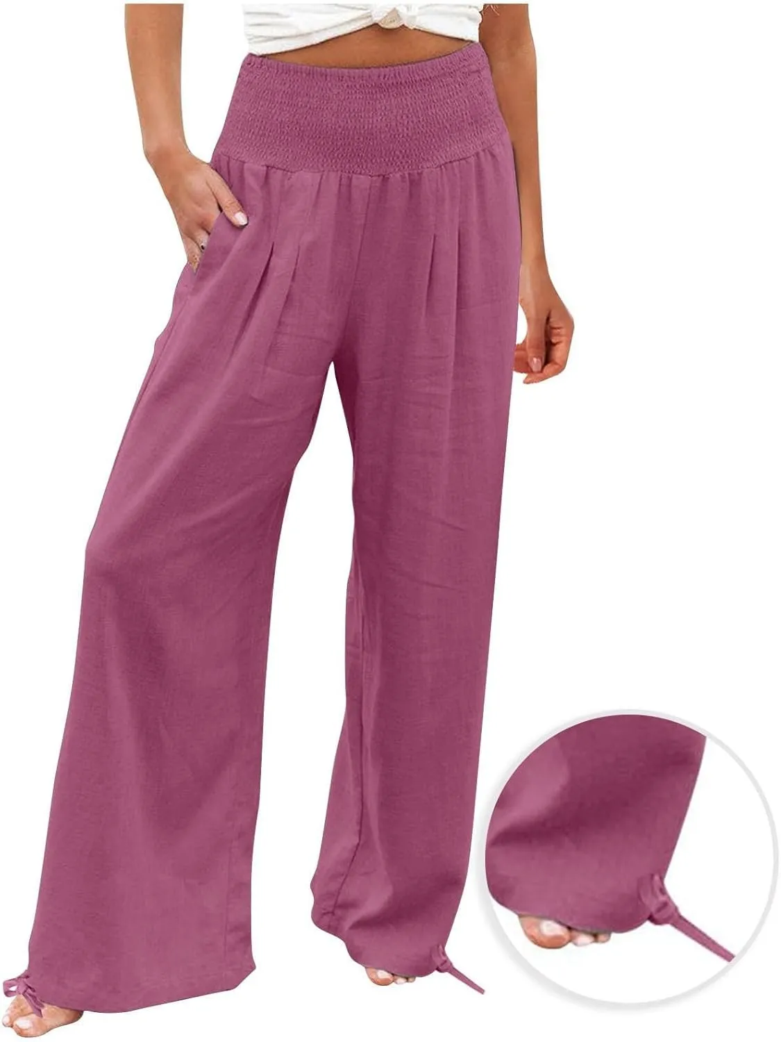 Womens Smocked High Waisted Linen Pants 2025 Casual Loose Wide Leg Palazzo Pants Flowy Beach Trousers with Pockets