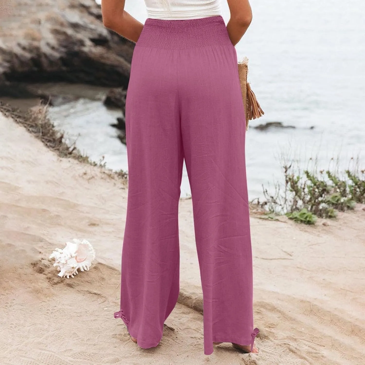 Womens Smocked High Waisted Linen Pants 2025 Casual Loose Wide Leg Palazzo Pants Flowy Beach Trousers with Pockets