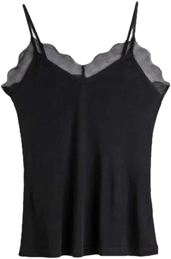 Women's Solid Color Spaghetti Strap Camisoles Mulberry-Silk Tank Tops Lace Spliced V-Neck Cami Vests