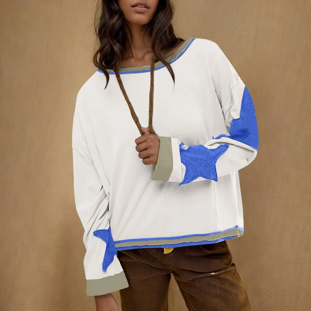 Women's Stars Patchwork Sweatshirt Casual Loose Round Neck Long Sleeve Pullover Fashion Y2K Loose Tops