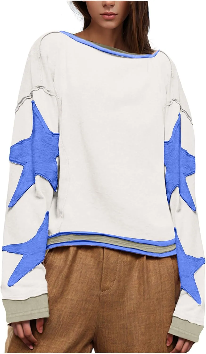 Women's Stars Patchwork Sweatshirt Casual Loose Round Neck Long Sleeve Pullover Fashion Y2K Loose Tops