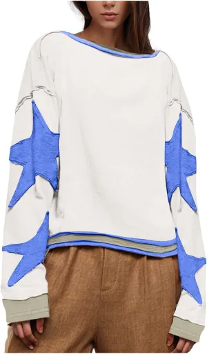 Women's Stars Patchwork Sweatshirt Casual Loose Round Neck Long Sleeve Pullover Fashion Y2K Loose Tops
