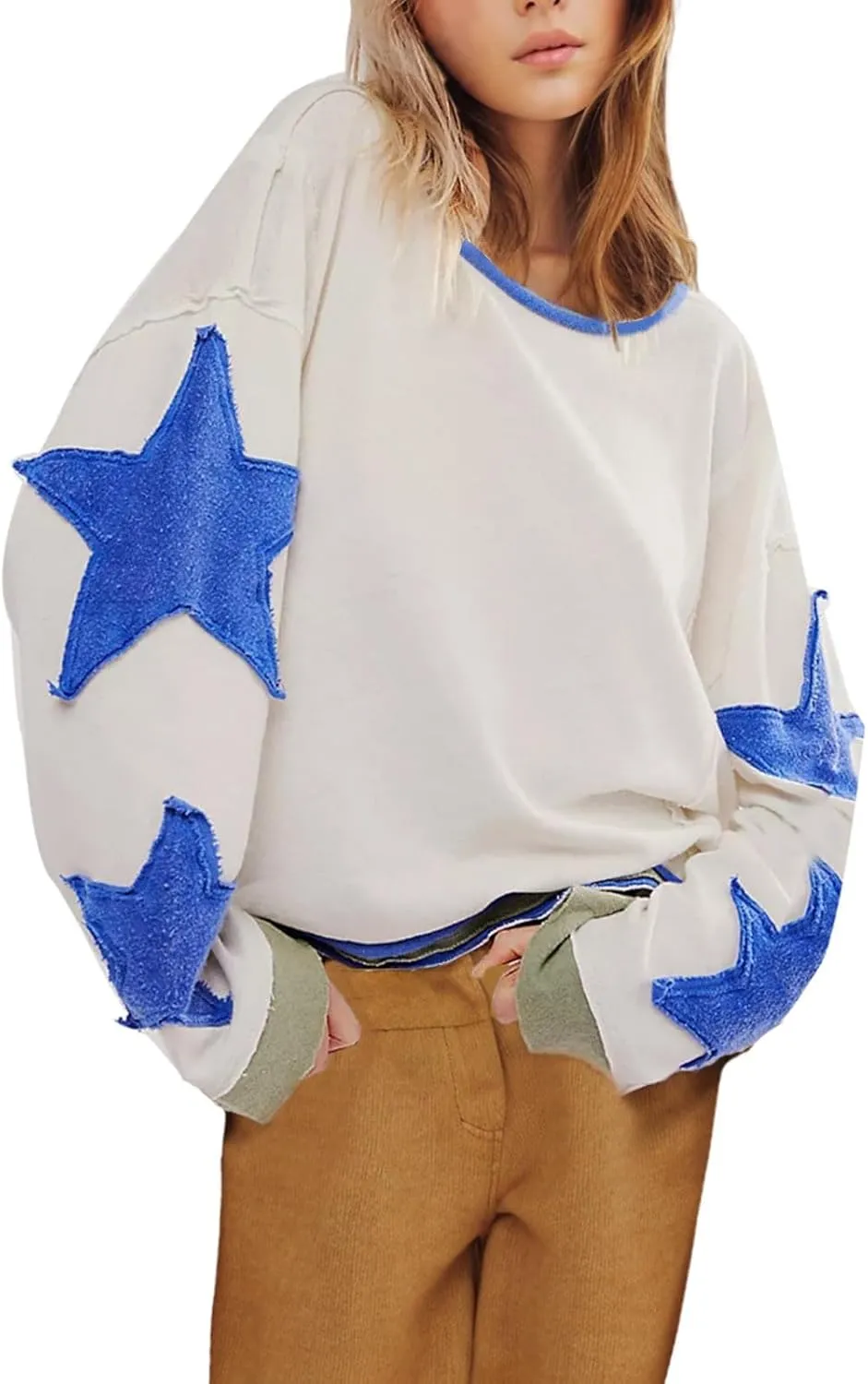 Women's Stars Patchwork Sweatshirt Casual Loose Round Neck Long Sleeve Pullover Fashion Y2K Loose Tops