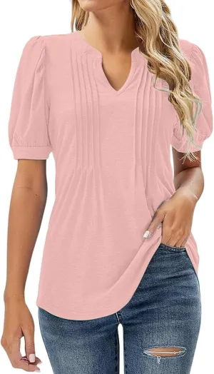 Womens V-Neck Short Sleeve Blouse Lightweight Fabric Slimming Fit Casual Soft Cotton Blend Comfort Stylish Relaxed Top