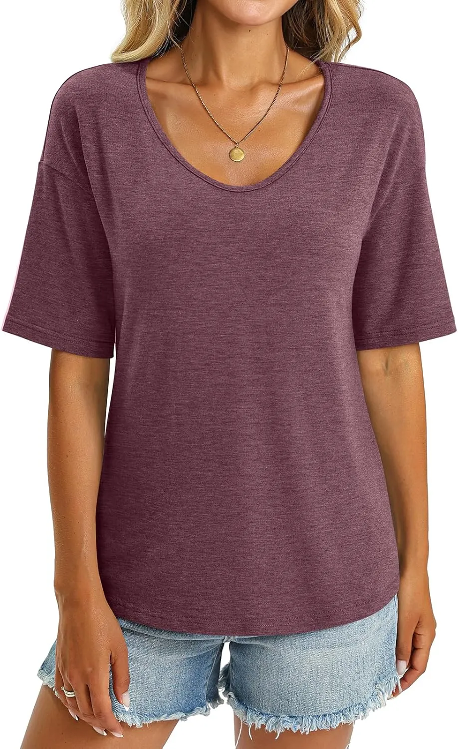 Women's V Neck Tops Elbow Length Shirts Loose Fit Summer Tops Basic Tees