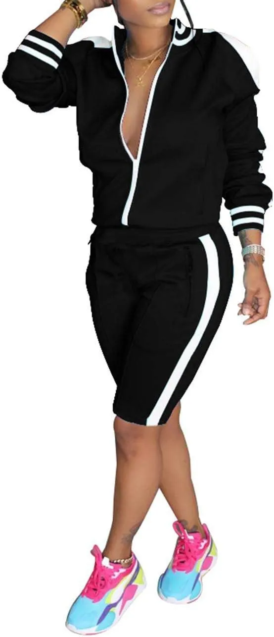 xxxiticat Women's Side Striped Sports Tracksuit Two Piece Zipper Jacket Short Pants Matching Sets 2PCS Trendy Sportswear