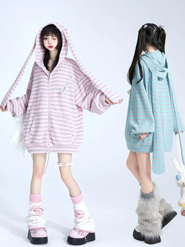 Y2K Bunny Ear Hoodie Harajuku Kawaii Striped Zip Up Hoodie Vintage Baggy Hoodie Punk Streetwear Jackets Goth Clothes