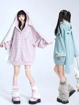 Y2K Bunny Ear Hoodie Harajuku Kawaii Striped Zip Up Hoodie Vintage Baggy Hoodie Punk Streetwear Jackets Goth Clothes