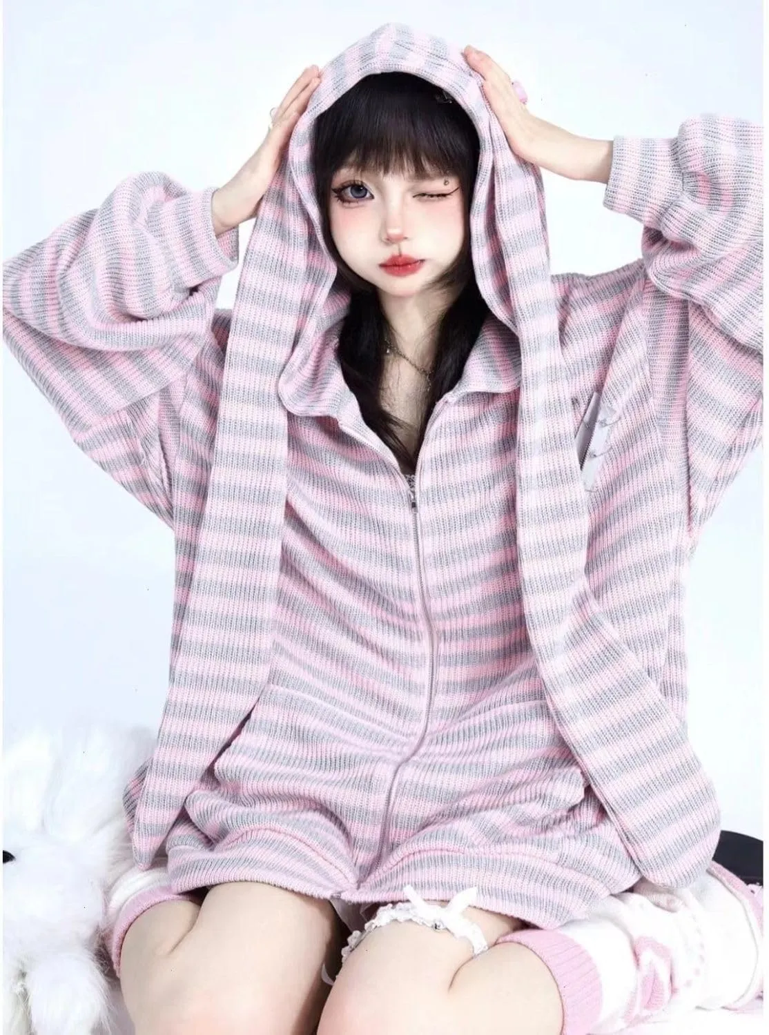 Y2K Bunny Ear Hoodie Harajuku Kawaii Striped Zip Up Hoodie Vintage Baggy Hoodie Punk Streetwear Jackets Goth Clothes