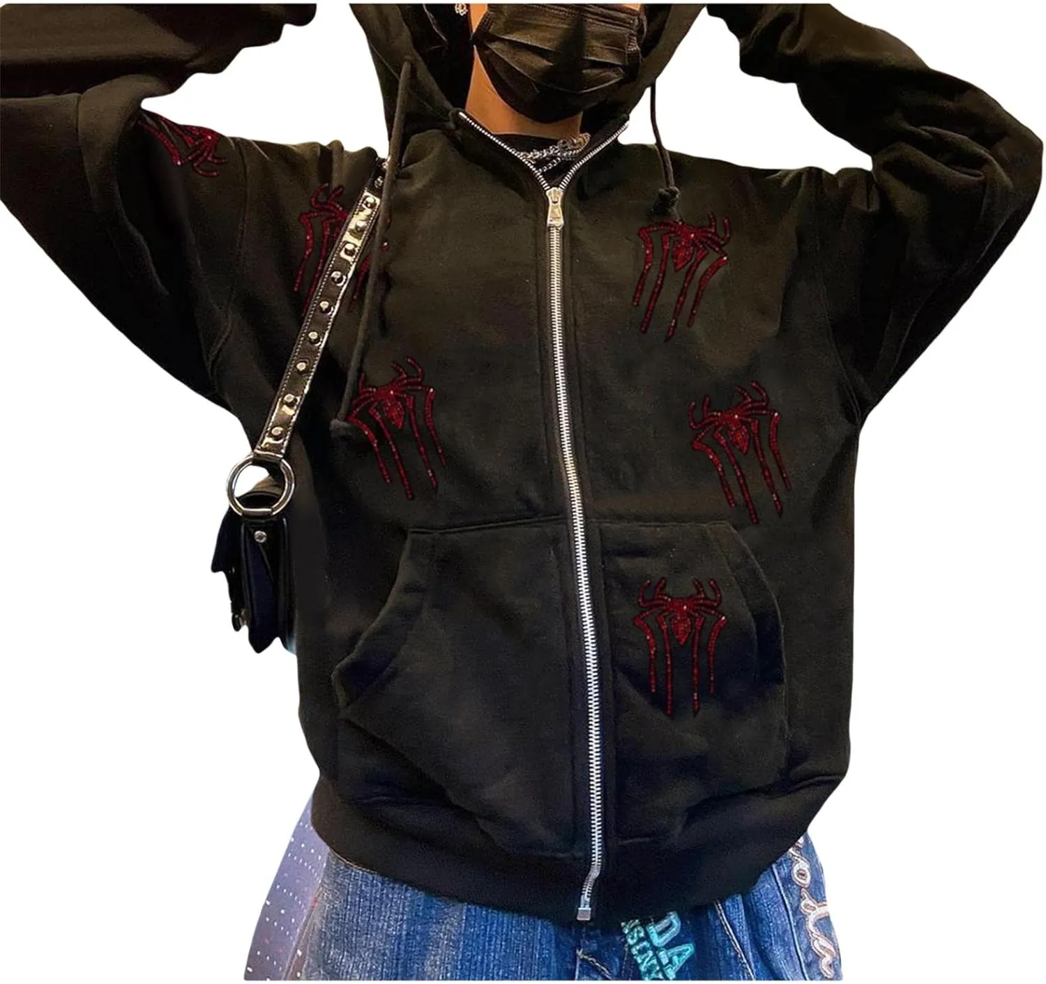 Y2k Skeleton Full Zip Up Hoodies Women Men Rhinestone Skull Graphic Print Sweatshirt Gothic Oversized Jackets