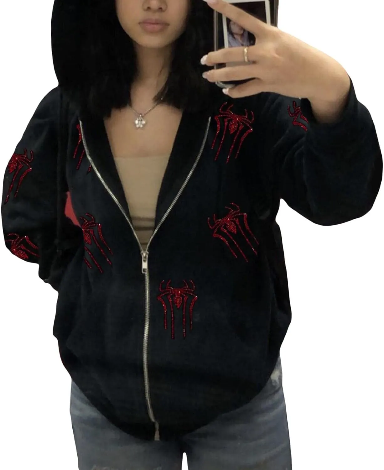 Y2k Skeleton Full Zip Up Hoodies Women Men Rhinestone Skull Graphic Print Sweatshirt Gothic Oversized Jackets