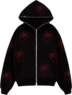 Y2k Skeleton Full Zip Up Hoodies Women Men Rhinestone Skull Graphic Print Sweatshirt Gothic Oversized Jackets