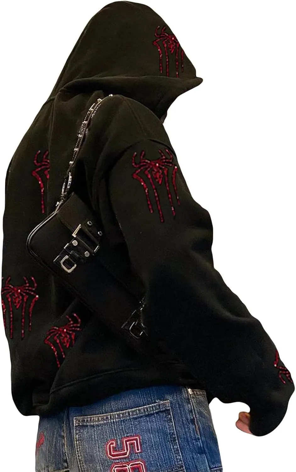 Y2k Skeleton Full Zip Up Hoodies Women Men Rhinestone Skull Graphic Print Sweatshirt Gothic Oversized Jackets