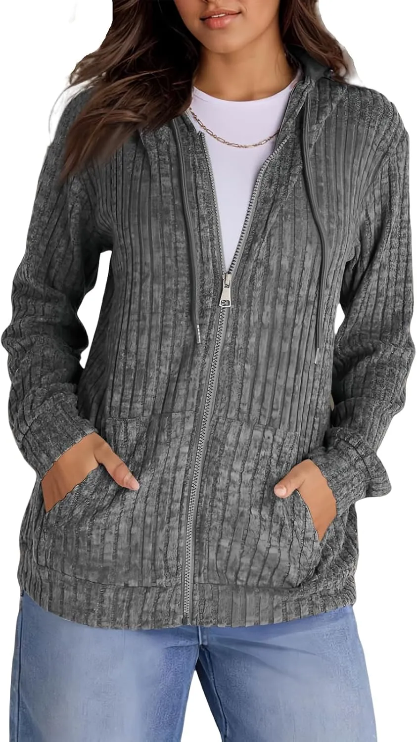 Zip Up Hoodies For Women Drawstring Lightweight Open Cardigan Jacket Fall Comfy Fuzzy Oversized Sweatshirt w/Pockets