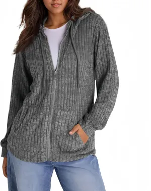 Zip Up Hoodies For Women Drawstring Lightweight Open Cardigan Jacket Fall Comfy Fuzzy Oversized Sweatshirt w/Pockets