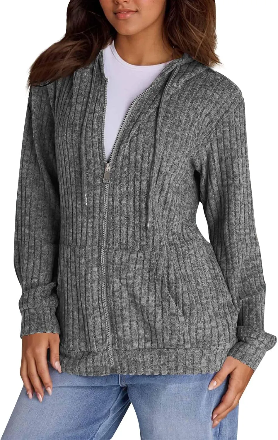 Zip Up Hoodies For Women Drawstring Lightweight Open Cardigan Jacket Fall Comfy Fuzzy Oversized Sweatshirt w/Pockets
