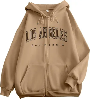 Zip Up Hoodies for Women Letter Print Long Sleeve Hooded Sweatshirts 2024 Trendy Girls Casual Hoodie Oversized Jacket